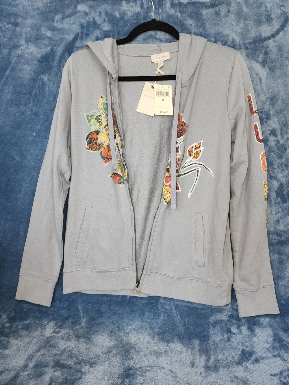 Lucky Brand Light Gray Floral Appliqué Zip Hoodie